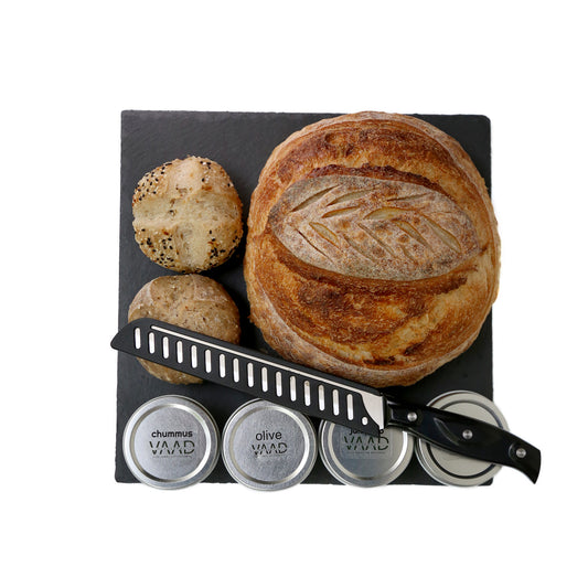 Updated main image: Kim's Gift Board - Large Loaf + 2 Rolls + 4 Dips + Knife