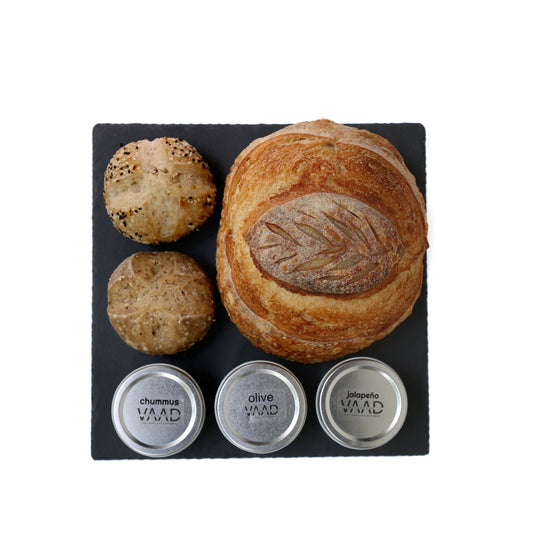 Updated main image: Kim's Gift Board - Medium Loaf + 2 Rolls + 3 Dips